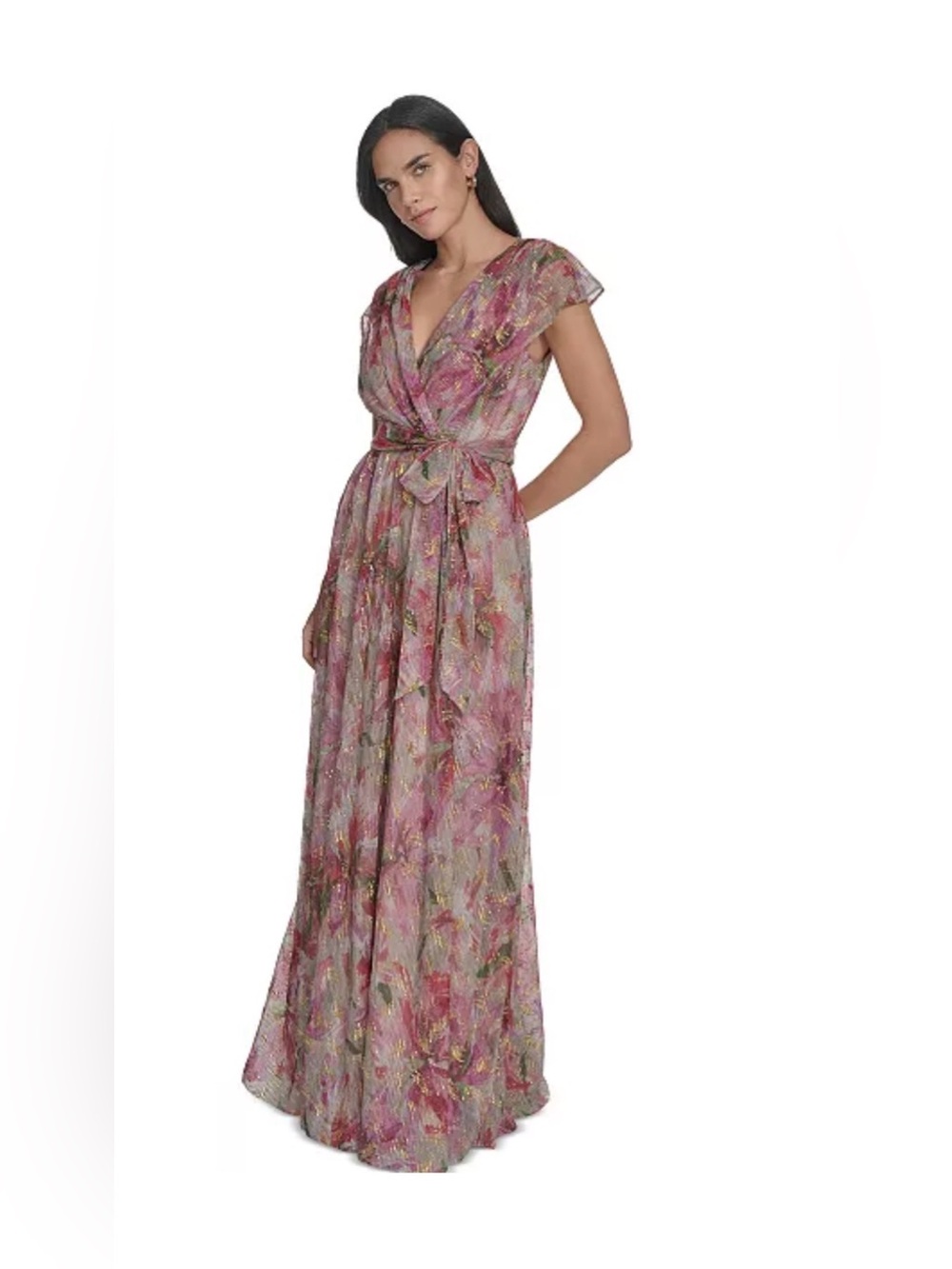 Jessica Howard Women's Metallic Floral-print V-neck Surplice Gown size 8